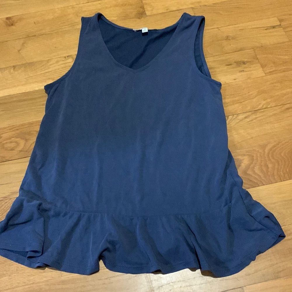 Green Envelope Navy Blue V-Neck Ruffle Peplum Tank Top Sleeveless Blouse XS EUC